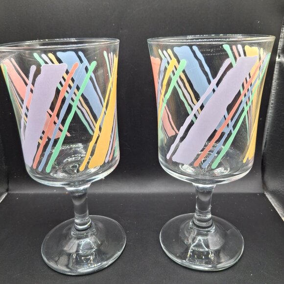 Vintage Hand-Painted Fiesta Pastel Striped Stemmed Footed Wine Glasses Set of 2 - Picture 2 of 6